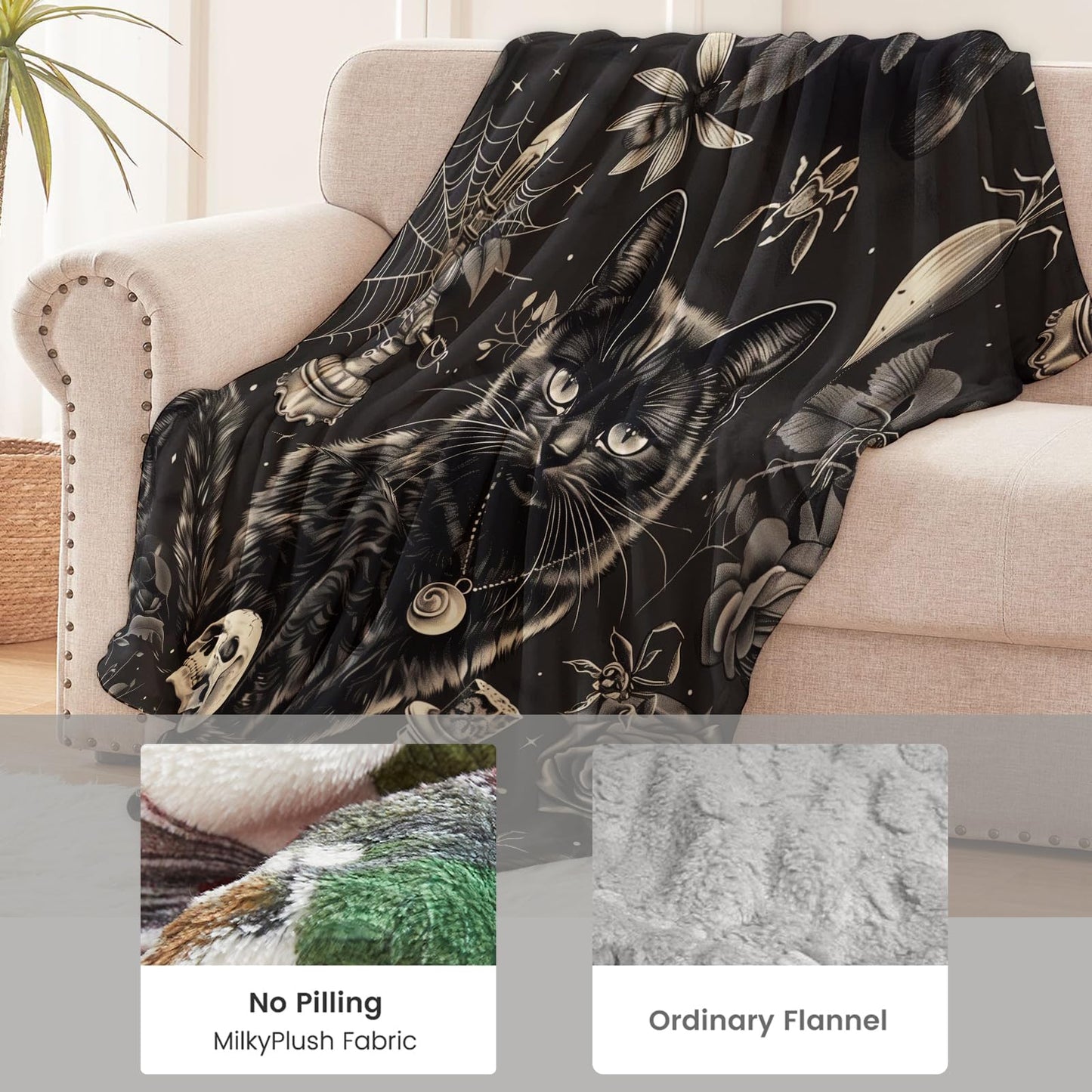 Goth Skull Blanket for Boys Kids Men Women, Flannel Skeleton Blankets Gifts, Halloween Black Cat Throw Blanket for Sofa Couch Bed Living Room Soft Warm Cozy Gothic Decor 60" x 50"