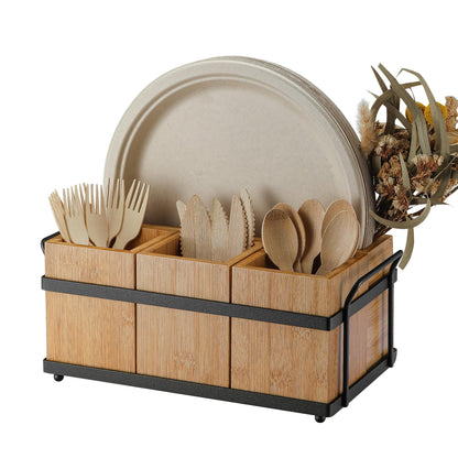 PTSTING Silverware Caddy Wood Utensil Holder Paper Plate Dispenser Silverware Utensil Caddy Cutlery Flatware Organizer Box for Spoons Forks Plates Napkins