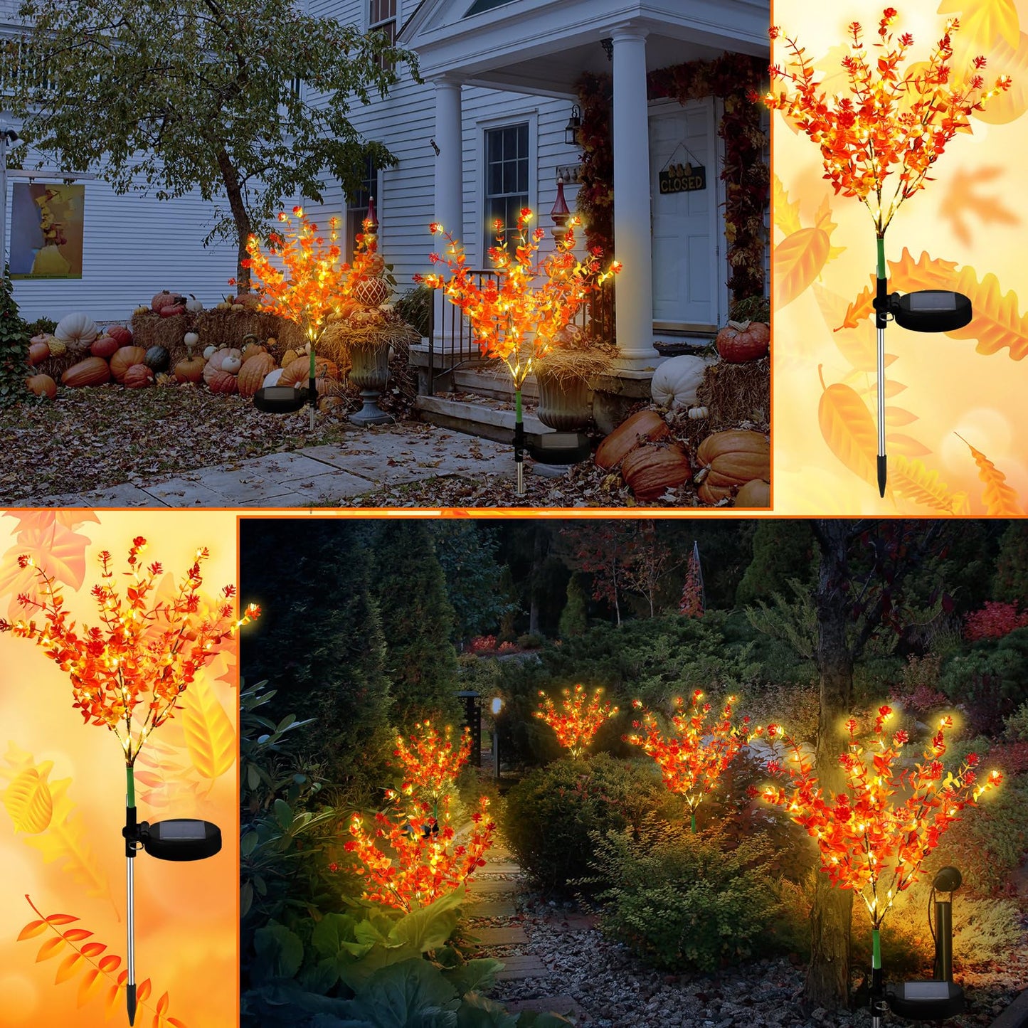 Glooglitter 2 Pack Solar Stake Lights Outdoor Decor Waterproof Mums Artificial Flowers Solar Lights for Outdoor Garden Yard Pathway Decor (Orange,Camellia)