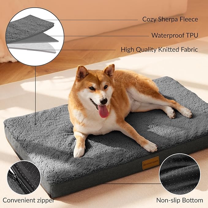 Patas Lague Orthopedic XL Dog Bed Large Sized Dog 42''X28'', Soft Waterproof Egg Crate Foam Large Pet Crate Beds Mat with Removable Washable Cover and Non-Slip Bottom, Dark Grey