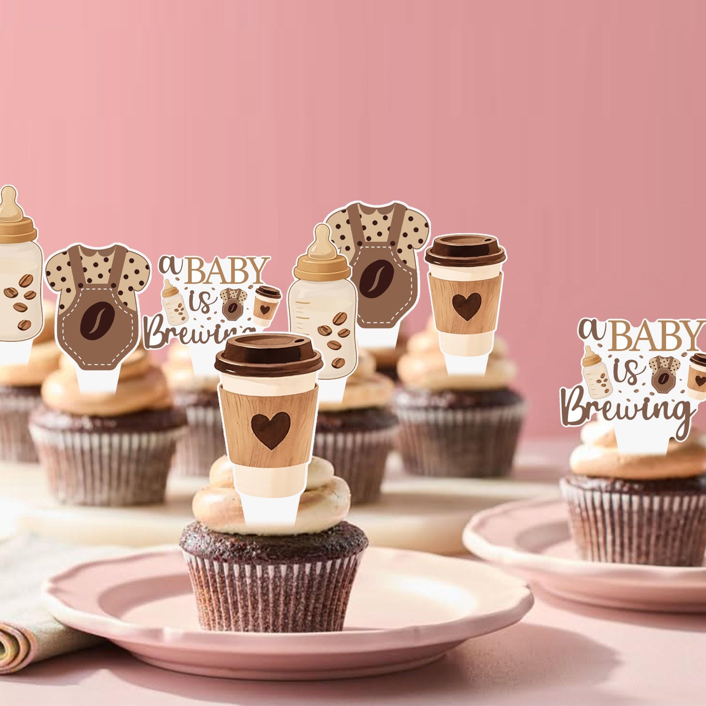 A Baby is Brewing Cupcake Toppers, Coffee Theme Baby Shower Decorations, 48 Pack, Brown Gender Reveal Party Supplies with Coffee Cup and Baby Bottle Picks
