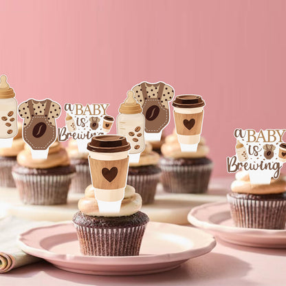 A Baby is Brewing Cupcake Toppers, Coffee Theme Baby Shower Decorations, 48 Pack, Brown Gender Reveal Party Supplies with Coffee Cup and Baby Bottle Picks