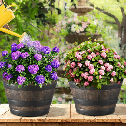 YI 4 Pack Whiskey Barrel Garden Planters 13” Rustic Oak Resin Planter for Indoor & Outdoor Plant Flower Pot