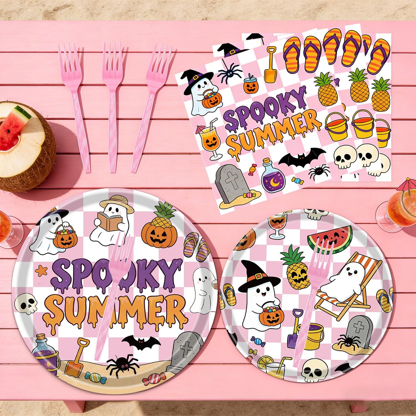 Gameza Summer Halloween Party Decorations - 96PCS Happy Summer Halloween Party Plates Napkins and Forks Disposable Tableware Set, Ghost Spooky Ween Vibes Holiday Party Supplies Decor, Serve 24