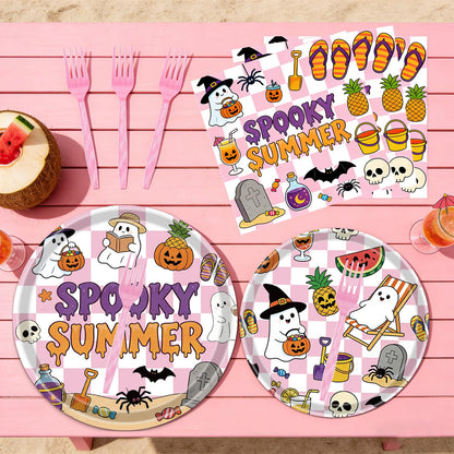 Gameza Summer Halloween Party Decorations - 96PCS Happy Summer Halloween Party Plates Napkins and Forks Disposable Tableware Set, Ghost Spooky Ween Vibes Holiday Party Supplies Decor, Serve 24