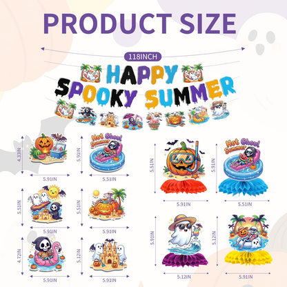 Papiailove Summer Halloween Party Decorations - 13Pcs Ghost and Pumpkin Theme Banners with Hanging Swirls, Honeycomb Centerpieces for Birthday Baby Shower Pool Party, Spooky Summer Party Decor