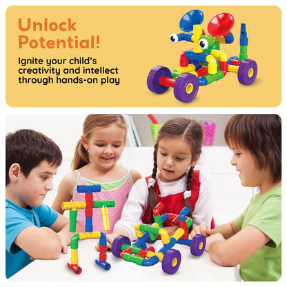 PicassoTiles PTT136 136pcs Tubular Pipes & Spout STEAM Interlocking Educational Building Block Set, Tube Locks, Pipeworks Construction Blocks w/Storage Container Box, Idea Book, Flute Musical Kit