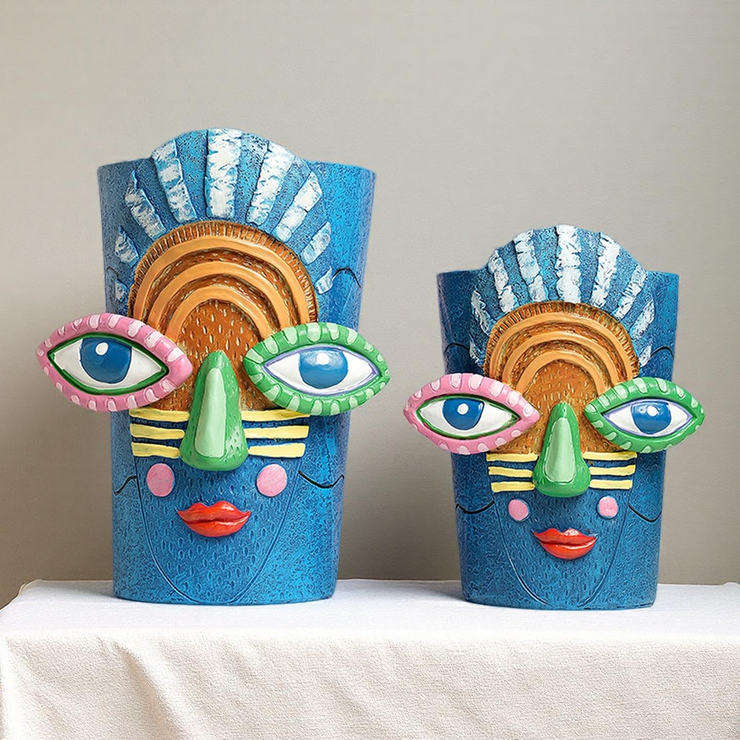 Yhupl Picasso Abstract Face Flower Pot,Plant Pot with Facial Expressions,Handmade Resin Plant Pot with Drainage Holes,for Indoor and Outdoor Botanical Home décor (Blue Large)