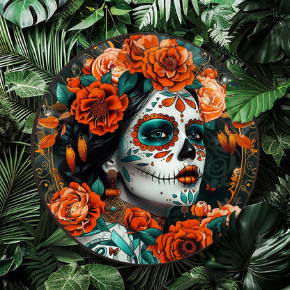 Classic Calavera Sugar Skull Round Aluminum Sign Halloween Autumn Wall Hanging Wall Art Decorative Signs & Plaques 8x8 Inch. Perfect for Bedroom, Living Room, Office, and Entryway Decor. Dreamy Artistic Style.