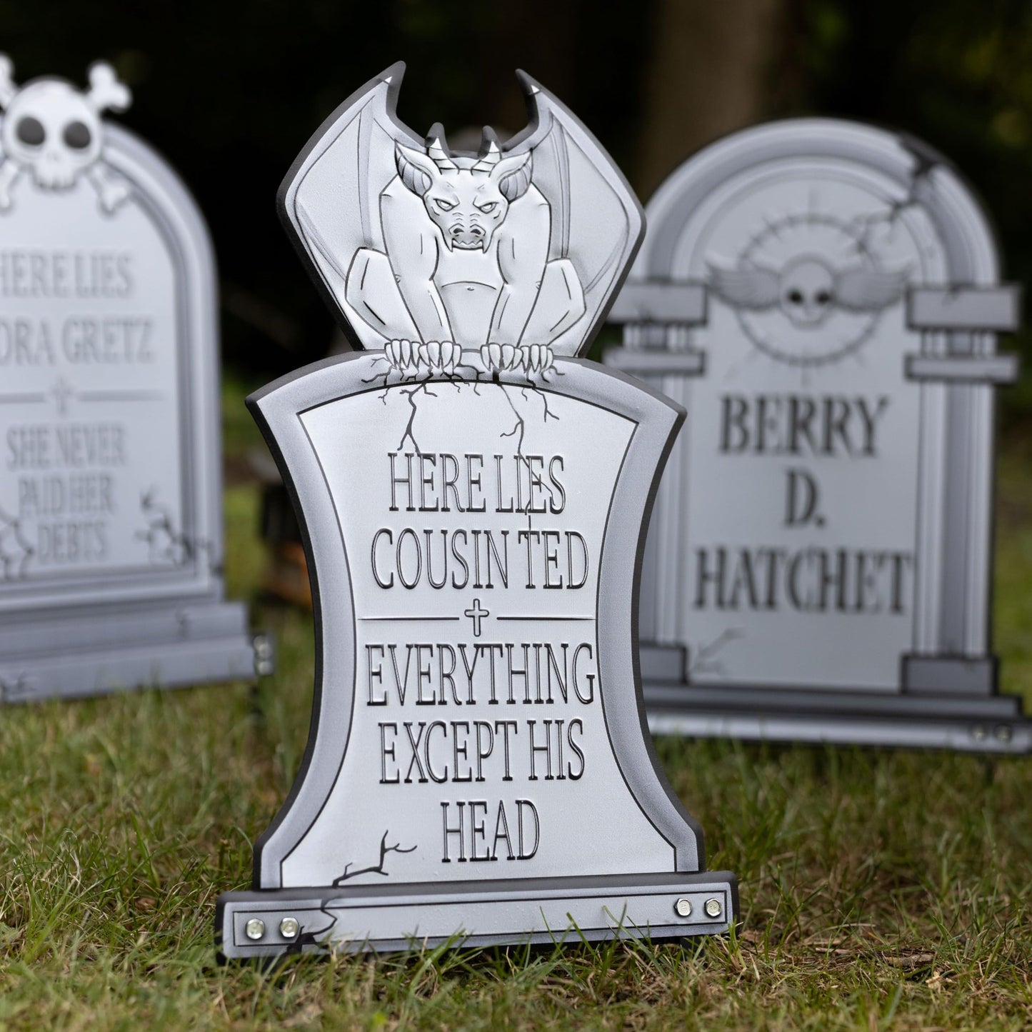 3-D Metal Halloween Ghost XL 17" Tombstone w Stakes-RIP Cousin Ted(Gargoyle)-Durable, Rustproof, UV Raised Printing-Upgrade Your Haunted House Party Cemetery Lawn Decor-No More Flimsy Foam Graveyards