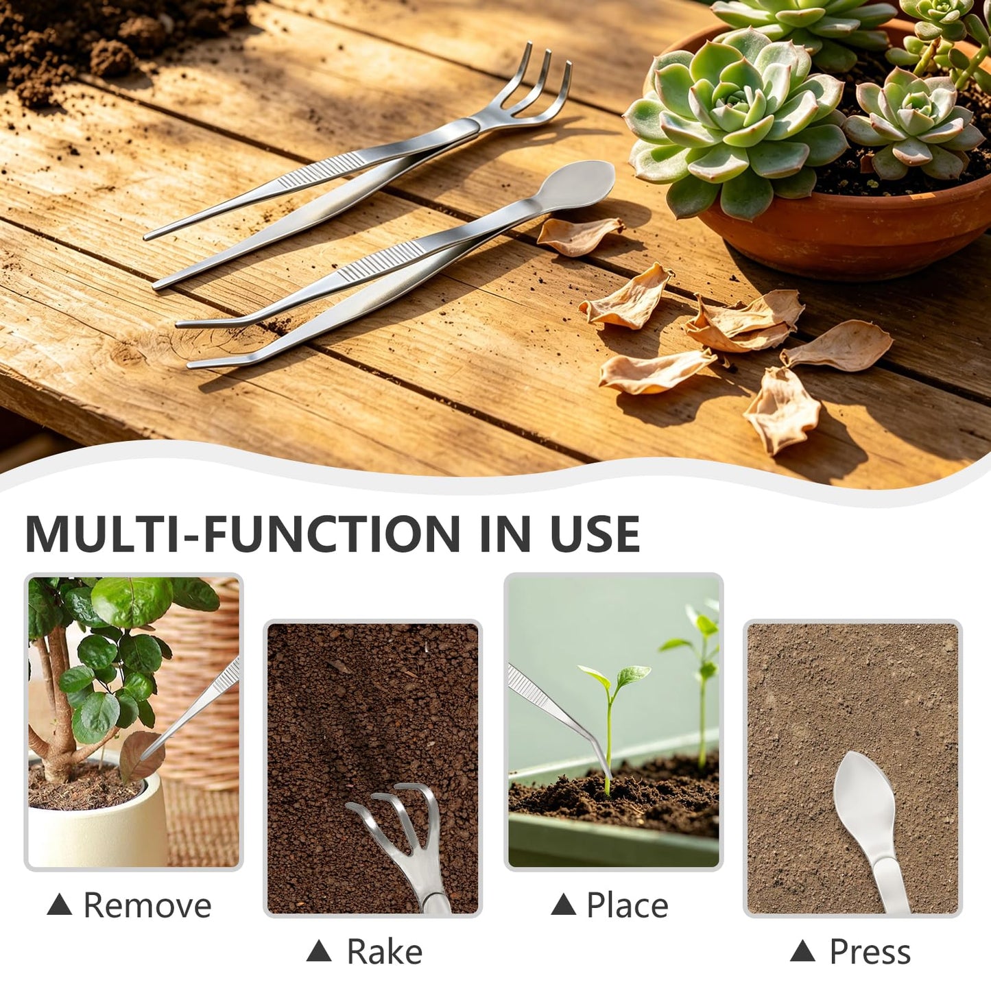 Ruatu 2 PCS Stainless Steel Garden Tweezers Set 2-in-1 Long Plant Tweezers Gardening Tools with 8.9" Curved Tine & 8.7" Straight Rake for Plants, Lawn, Bonsai, Succulents