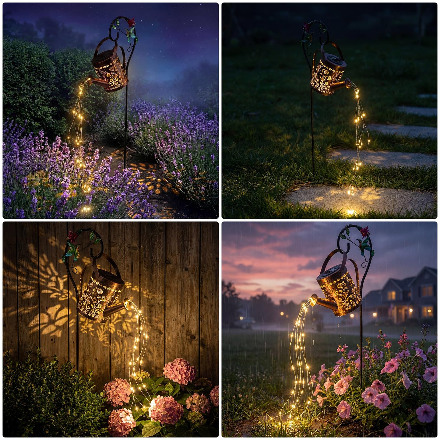 MEBRUDY Solar Garden Decor Lights, IP44 Waterproof Metal Hummingbird Solar Watering Can Lights Outdoor Decor for Yard Pathway Patio Lawn, Gifts for Women Mom Grandma Birthday
