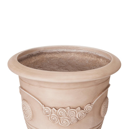 Christopher Knight Home Rewol Round Concrete Planter Set of 2, 2 Pack Garden Flower Pot with Drainage Hole, Floral Relif Patio Urn Planter for Outdoor Plants, Outdoor Planter Box, No Assembly, Beige