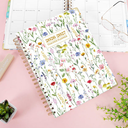 SKYDUE Teacher Planner 2026-2027 Academic Year, 8.5" x 11" Deluxe Teacher Lesson Planner with Monthly Tabs & Stickers, Lesson Plan Book 26-27, FloralA