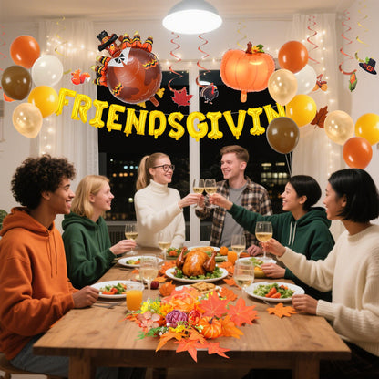 Party to Be Thanksgiving Decorations Set of 38 Pieces Friendsgiving Balloon Banner, Hanging Swirls, Pumpkin and Turkey Balloon Kit, Artificial Flower Dinner Table Centerpiece Fall