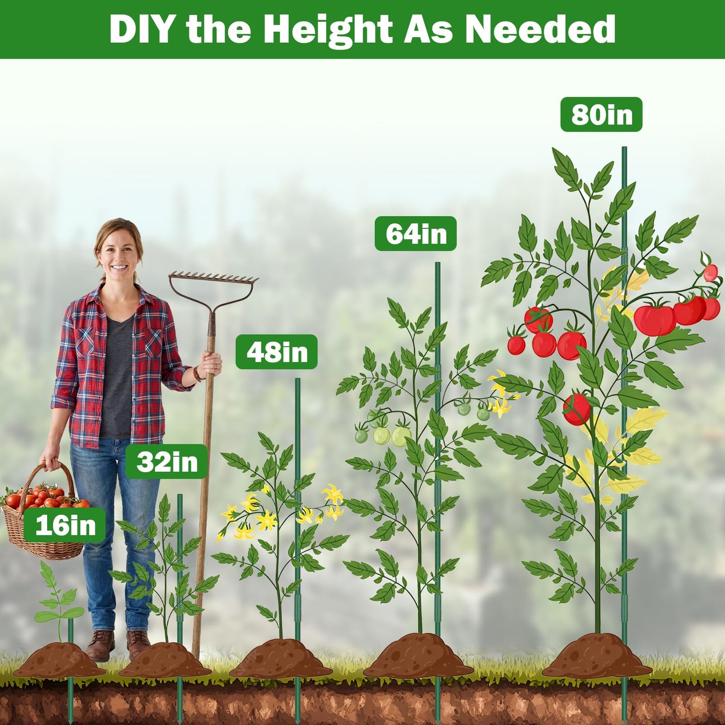 Tegarbed Garden Stakes 20 Pack, 16 Inch Plastic Coated Metal Plant Support Stakes, Sturdy Tomato Stakes with 14 Connectors 14 Rotatable Clips 14 Plant Clips for Indoor Outdoor Vegetables