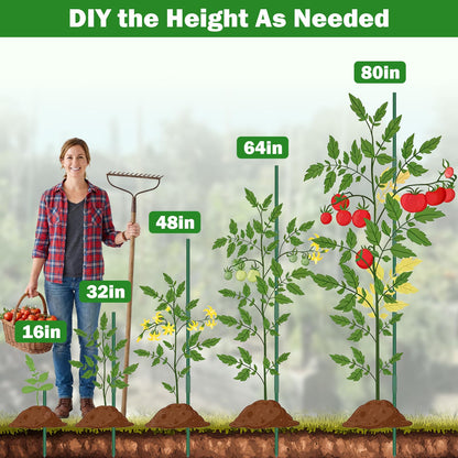 Tegarbed Garden Stakes 70 Pack, 16 Inch Plastic Coated Metal Tomato Stakes, DIY 4ft 5ft 6ft 7ft Plant Support Stakes with 40 Connectors 30 Rotatable Clips 30 Plant Clips for Indoor Outdoor Vegetables