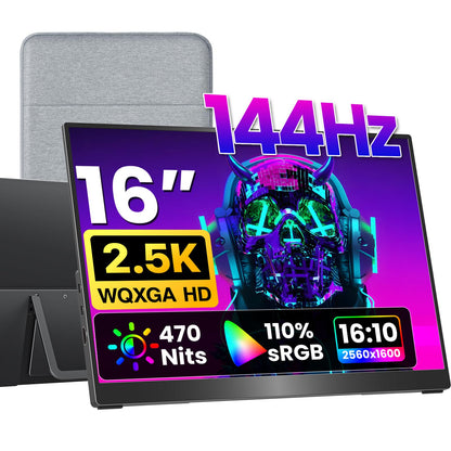 VisionOwl Portable Monitor 16 Inch 2.5K QHD 144Hz 16:10 Second Screen, USB-C HDMI HDR Travel Monitor for Laptop PC MacBook PS5 Xbox, VESA Mountable, with Speakers, Built-in Kickstand