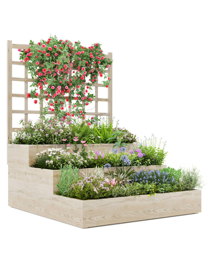 GarveeLife 3-Tier Raised Garden Bed,Wooden Vertical Planters with Trellis & Open-Ended Base for Climbing Plants Vines Flower Herb Vegetable Fruit,Outdoor Planter Boxes for Patio Yard Lawn