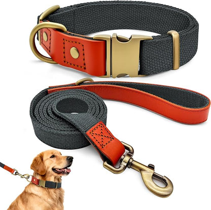 Dog Collar and Leash Set with Metal Quick Release Buckle, Adjustable, Breathable Nylon, Durable, Soft and Comfortable, No Pull for Walking and Training, Blue-Black, XL (16.9"-26")