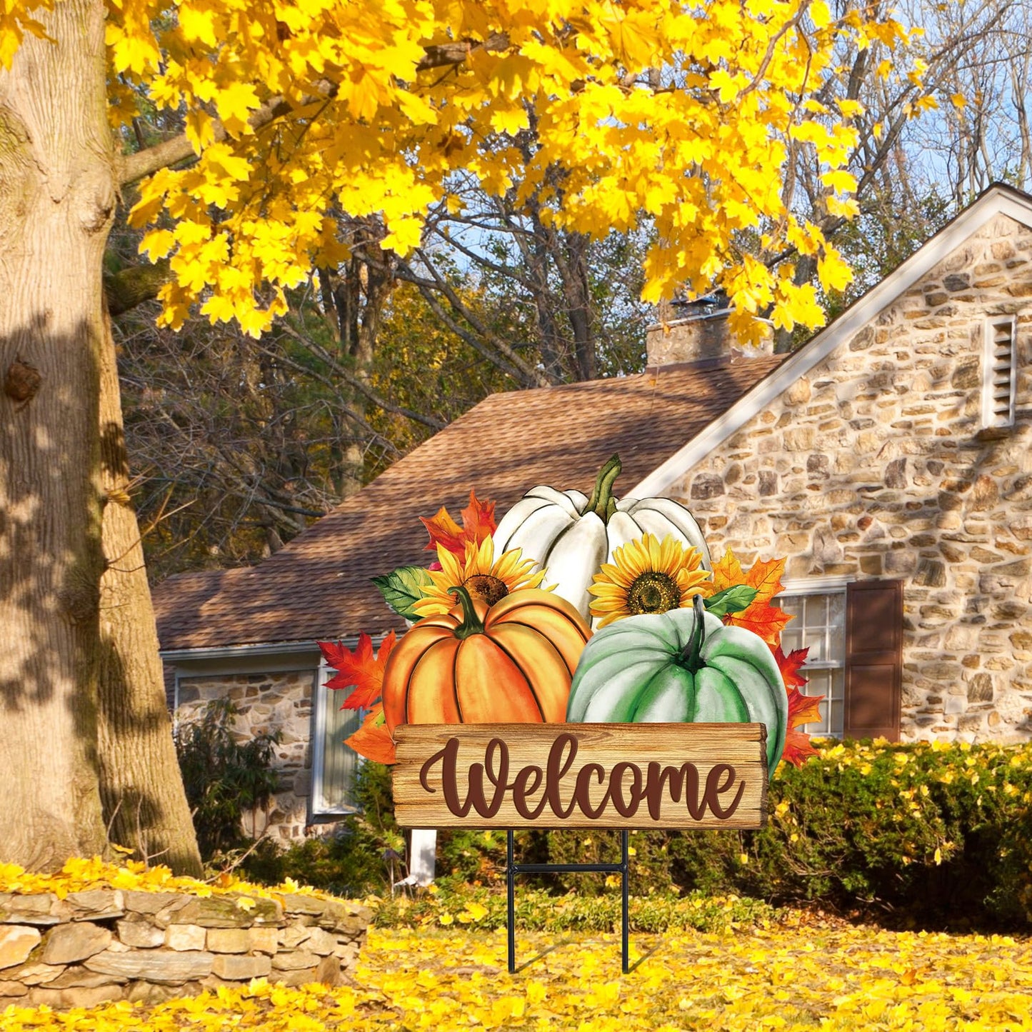 JarThenaAMCS Fall Pumpkin Metal Garden Stakes Green Orange White Pumpkin Decorative Lawn Sign Autumn Harvest Welcome Yard Sign for Thanksgiving Home Outside Lawn Porch Decor