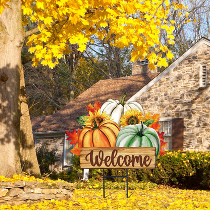 JarThenaAMCS Fall Pumpkin Metal Garden Stakes Green Orange White Pumpkin Decorative Lawn Sign Autumn Harvest Welcome Yard Sign for Thanksgiving Home Outside Lawn Porch Decor