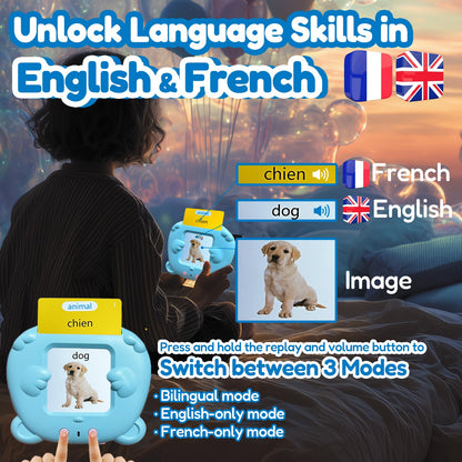 MoLingvora Bilingual Talking Flash Cards for Kids - Français French English Flashcards Children Adults, 510 Sight Words, ABC Alphabet, Pocket Speech for Toddlers, Audible Sensory Toys (French, Blue)