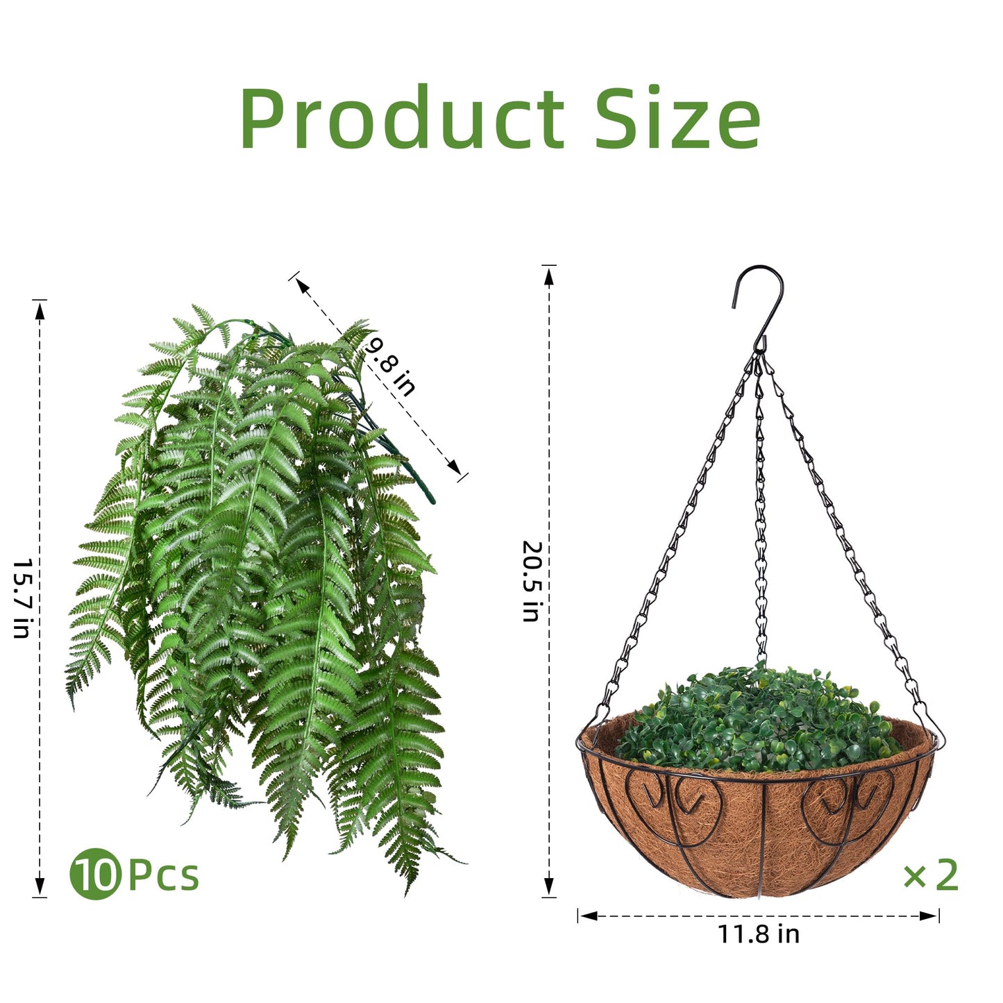 FancyPlus Artificial Hanging Plants Outdoor, UV Resistant Fake Fern Faux Greenery 2 Set for Outside Planter Patio Home Garden Decor (10 Branches&2 Basket)
