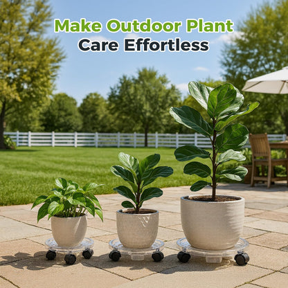 KvyusFlourish 4 Packs 16 Inches Extra-large Clear Plant Caddy Plant Saucers on Wheels Rolling Plant Stands Heavy-duty Plant Dolly Plastic Planter Roller Base Pot Movers Outdoor Plant Tray Coaster