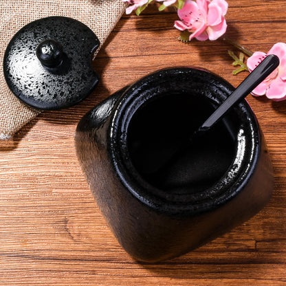 BOSILI Japanese Black Sugar Bowls with Lid Ceramic Salt Container with Stainless Steel Spoon for Sugar Pepper Spices