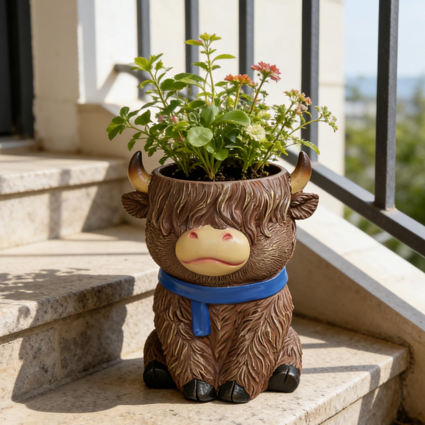 ASDFG Cute Highland Cow Planter Pot - Resin Succulent Pot with Drainage, Aesthetic Scottish Cow Flower Pot for Boho Home Decor, Desk, Patio | Unique Cow Gifts for Women, Mom, Plant Lovers (Brown)
