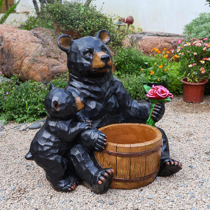 Bear and Cub Garden Planter - 21-Inch Large Resin Black Bear Statue with Flower Barrel, Rustic Wood Carved Look Flower Pot for Outdoor Porch Patio Yard Decor, Animal Sculpture Housewarming Gift