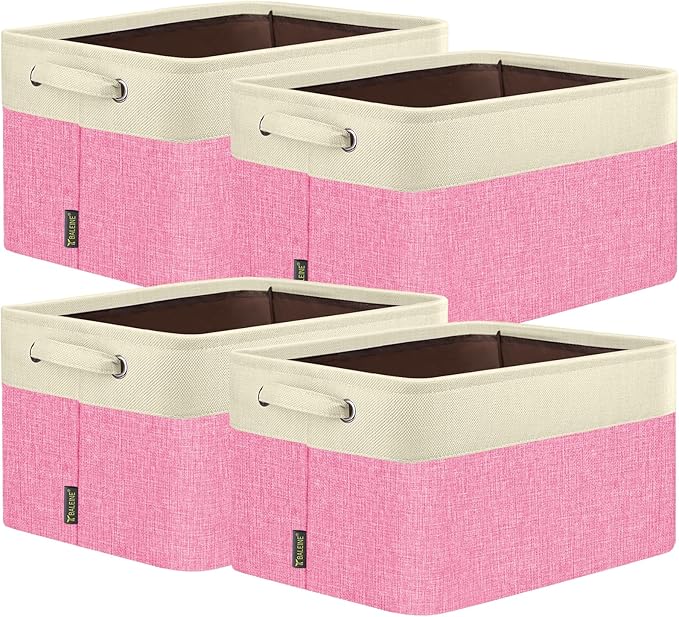 BALEINE 4 Pack Fabric Closet Storage Bins for Shelves, Linen Closet Organizers and Storage, Decorative Baskets for Organizing, Shelf, Clothes, Home, Office (Pink, 14''x10''x8.5')