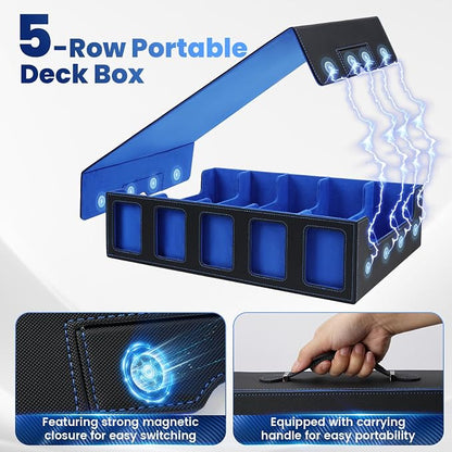 Trading Card Storage Box with Handle, 5-Row Portable Leather Game Case for 4000+ Cards,Blue Card Collection Box with Commander Display Window for MTG, Yugioh, and Sports Cards,Gifts for Card Collector