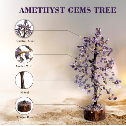Wonder Care Amethyst Crystal Tree for Positive Energy Home Decor and Healing With M-Seal & Golden Wire | Fortune Tree | Crystal Decor | Chakra | Feng Shui (300 Beads)