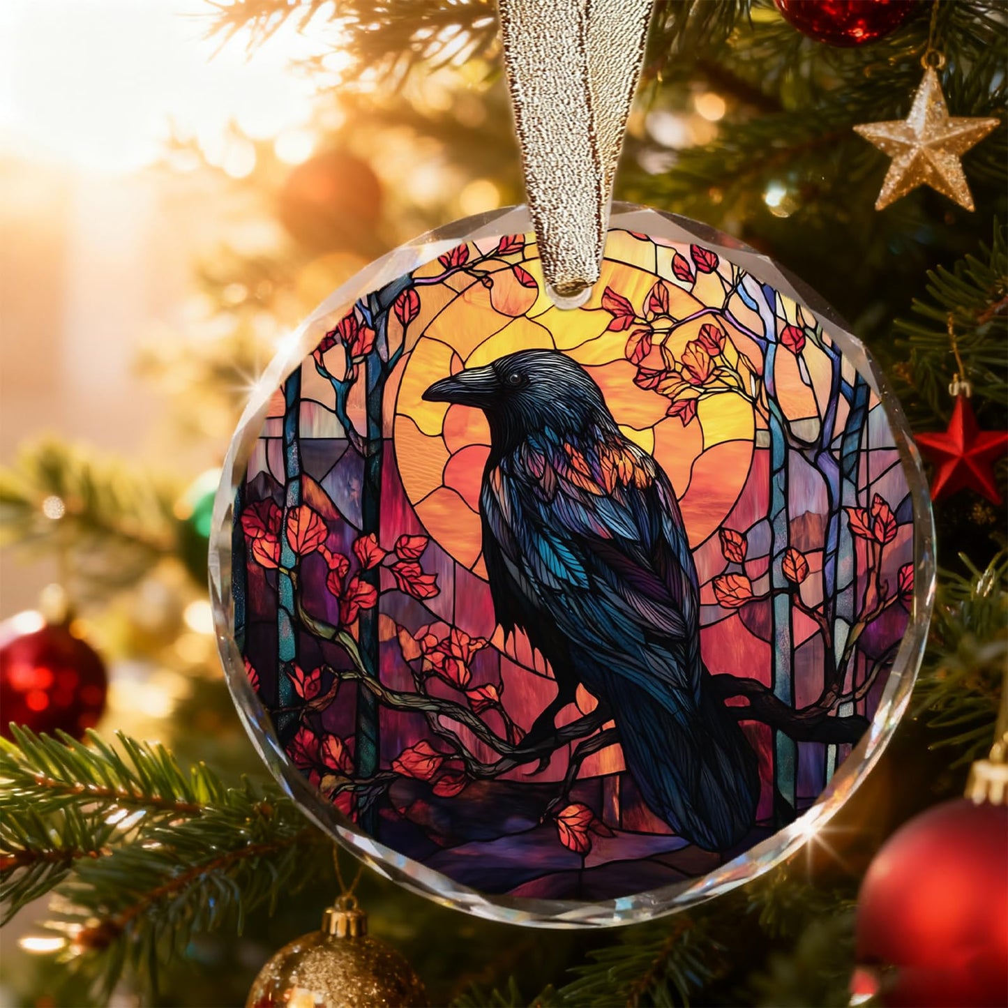 Gothic Crow Ornament for Christmas Tree - Goth Witchy Raven Stained Glass Christmas Ornaments, Unique Crow Gifts Idea