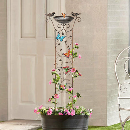 Garden Trellis Bird Bath Outdoor, 43.5 Inch Antique Iron Garden Plant Trellis Decorative with Butterflies and Detachable Drinking Basin Bowl, Free Standing BirdBath Birdfeeder Station