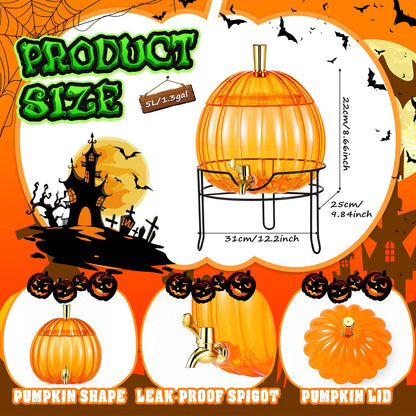 Romooa 1.3 Gallon Halloween Plastic Drink Dispenser with Metal Stand Spigot Pumpkin Shaped Drink Dispenser Beverage Flask with Spigot for Fall Harvest Summer Halloween Autumn Party Supplies(Orange)