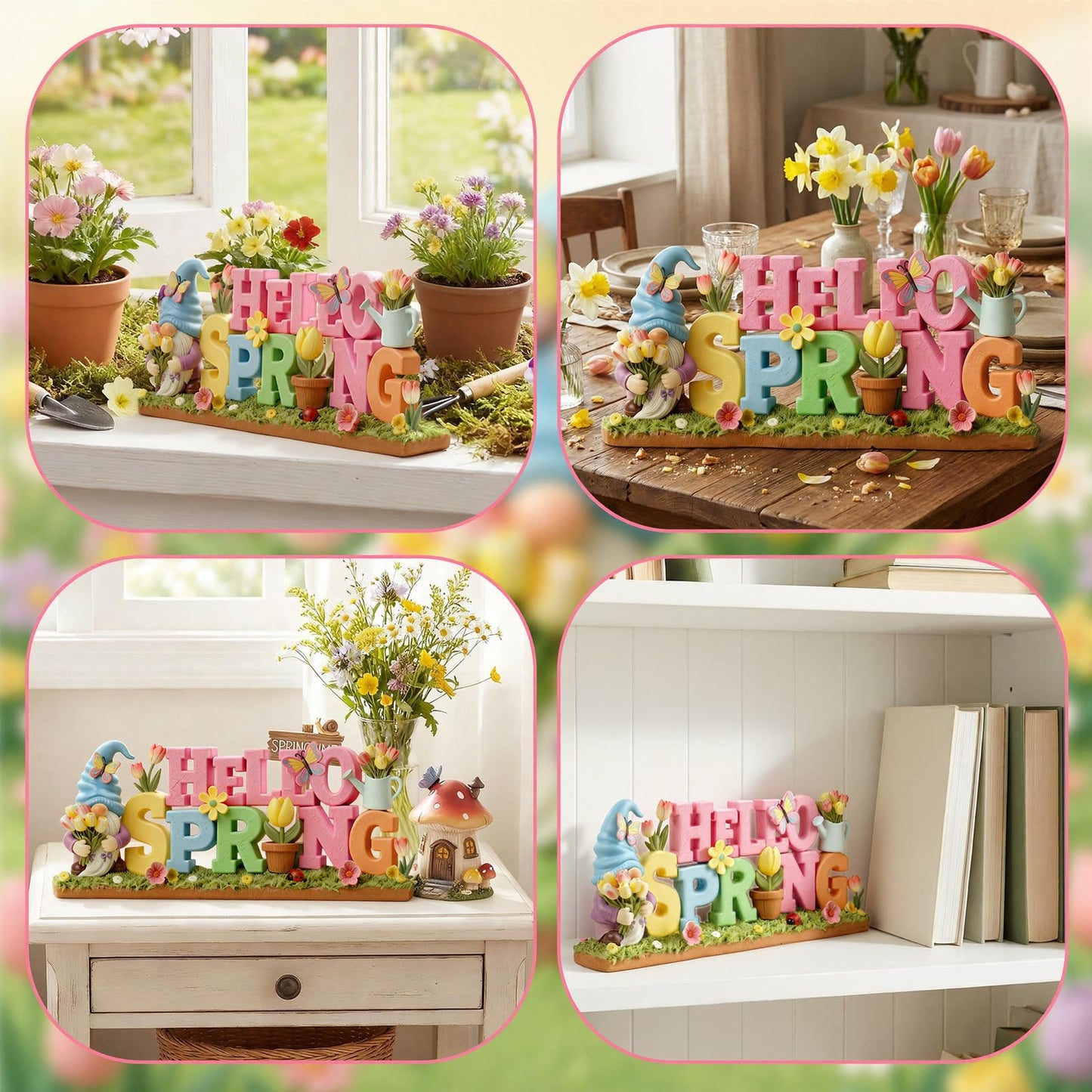 Simgoing 1 Pack Hello Spring Table Decoration Resin Spring Gnome Decorations for Home Pastel Flower Table Sign Festive Floral Statue Tabletop Centerpiece for House Tabletop Tiered Tray Fireplace Decor