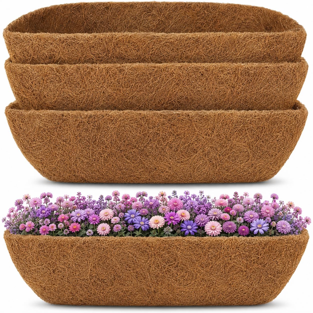 Y&M 4pcs 24" Trough Coco Liner for Window Box Deck Basket Planter Trough Coconut Fiber Liners, Coconut Fiber Pre-Formed Replacement