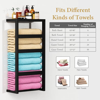 Bamboo Wall Blanket Ladder, 4-Tier Towel Racks, Bamboo Bath Towel Racks for Bathroom Wall Mounted, Decorative Blanket, Quilt, Towel, Scarf Ladder Shelves for Bathroom, Living Room, Bedroom， Black