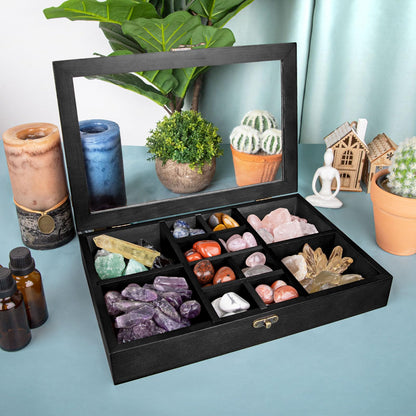 Crescent Moon Tray Crystal Holder Set, Adjustable Rock Display Case, Rock Collection Box with Shelves, Black Wood Crystal Organizer for Stones Storage,Gem Holder with Lid for Seashell