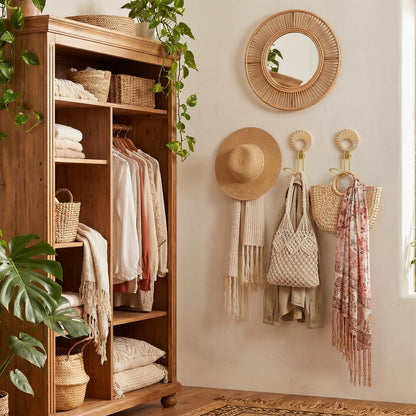 Novabright 3 Pcs Decorative Boho Wall Hooks Woven Rattan Metal Hanging Holder Gold Farmhouse Coat Rack Hooks with Screws for Hanging Coats, Keys, Towels, Bags, Coat Rack for Home Decor Entryway