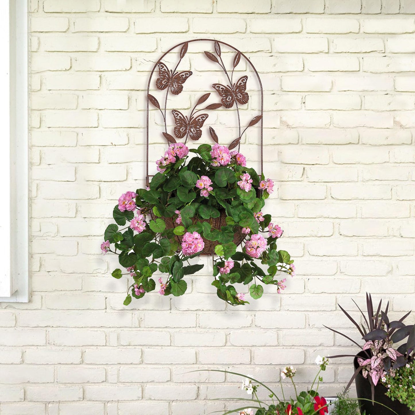 BAYN 2PKs Wall Hanging Planter Decor Art with Flower, Metal Wall Mounted Planters Indoor Outdoor Wall Planter for Succulent Herb Home Garden Yard