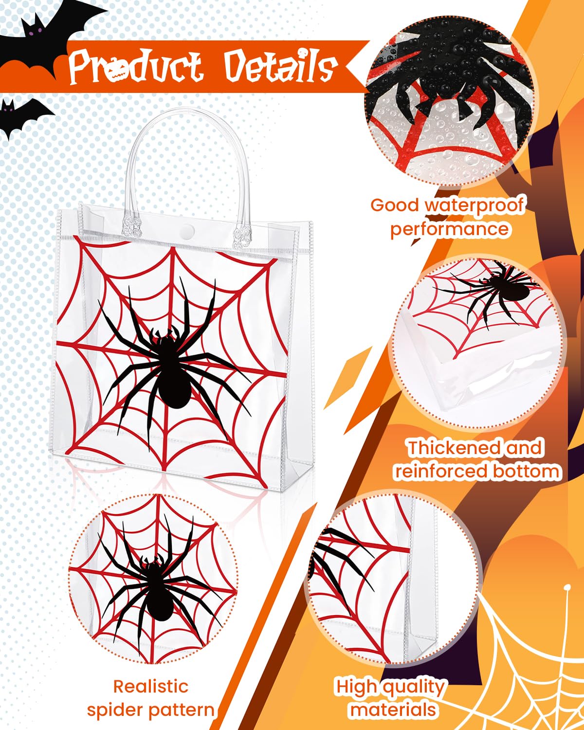 Liobelon 24 Pieces Spider Party Favor Gift Bags Spider Clear PVC Gift Bags with Handles 8 x 8 x 3.2inches Transparent Treat Snack Bag for Birthday Insect Theme Gothic Style Party