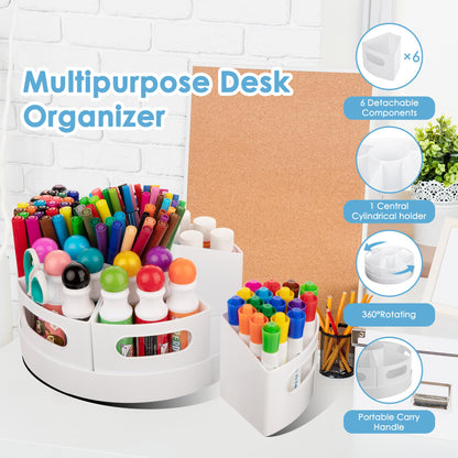 CraftGenes Art Supply Organizer, Extra Large 360 Degree Rotating Desk Organizer with 7 Removable Compartments, Marker Organizer and Craft Caddy for Kids, Teachers, Classroom, Home Office, White
