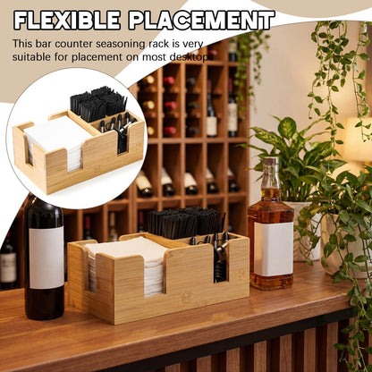 Mifoci Wooden Bar Caddy with 6 Compartments, Bamboo Bar Caddy Napkin & Straw Holder Organizer Cocktail Napkin Holder Condiments for Home Office Kitchen Countertop (Natural, 10.6 L x 5.5 W)