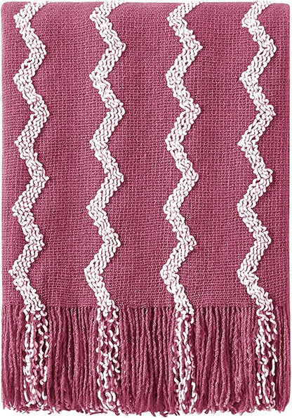 BOURINA Fluffy Chenille Knitted Fringe Throw Blanket Lightweight Soft Cozy for Bed Sofa Chair Throw Blankets Rose Wine 50" x 60"