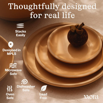 MORA Medium Plates Set of 4, 8.5 inch Ceramic Pottery Salad Plates - Microwave, Oven and Dishwasher Safe - Mushroom