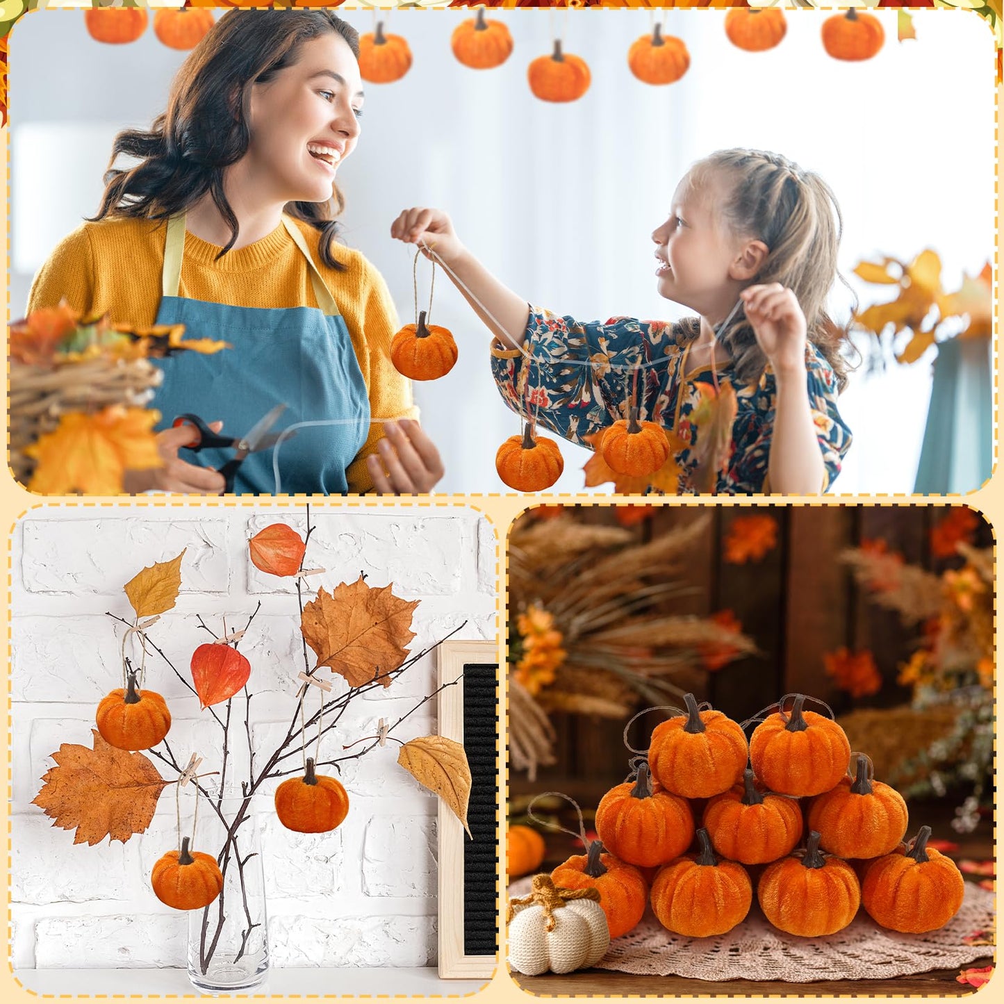 Whaline 18Pcs Fall Pumpkin Hanging Ornaments Velvet Fabric Pumpkin Ball Ornaments Thanksgiving Hanging Tree Decorations for Farmhouse Autumn Harvest Party Home Decor